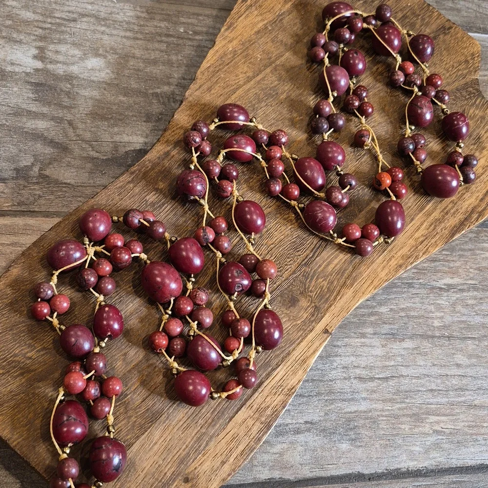 Vintage Cranberry Maroon Beaded Gold Tone Spacers Knotted Cord Long Necklace - Picture 8 of 14